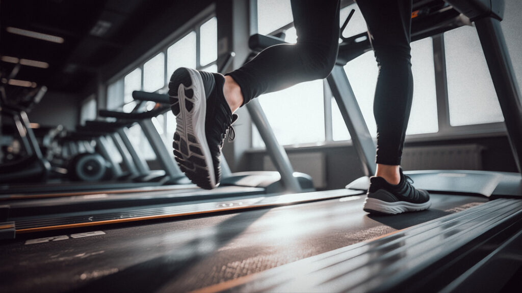 Person running on a treadmill at a gym.