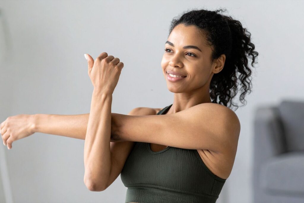 A woman with curly hair smiles while performing a cross-body shoulder stretch