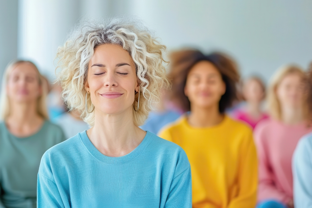 A smiling woman with curly blonde hair meditates with her eyes closed in the foreground of a diverse group session.
