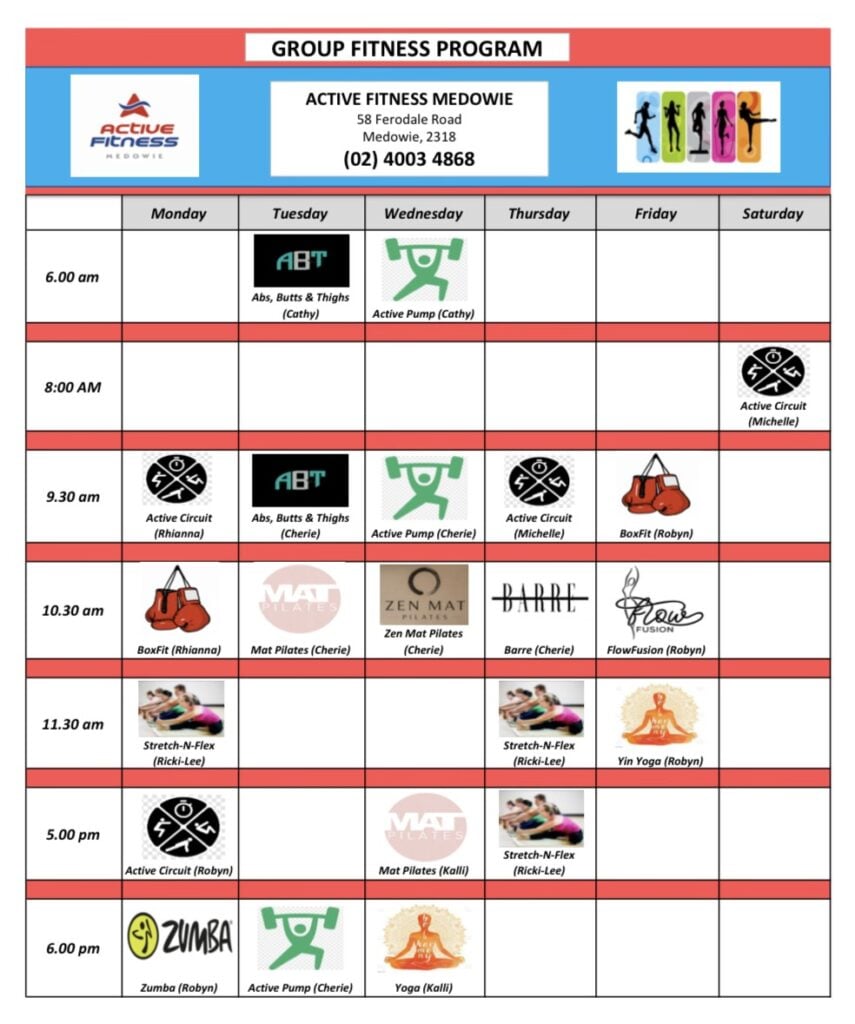 Active Fitness Medowie weekly group fitness class timetable
